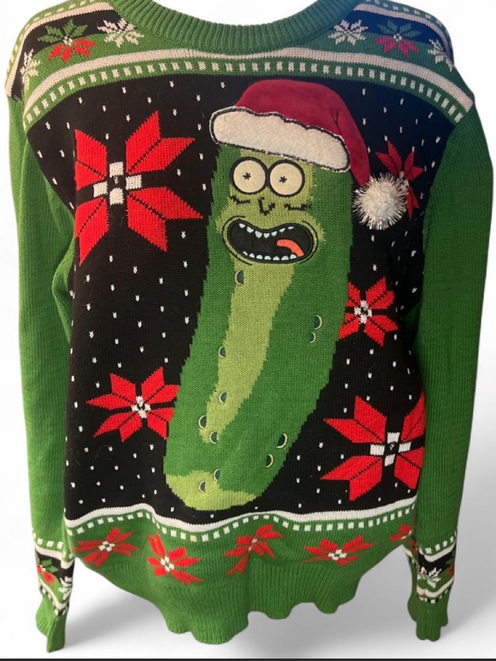 Spencer's Green Black Red Pickle Rick Christmas Crewneck Sweater